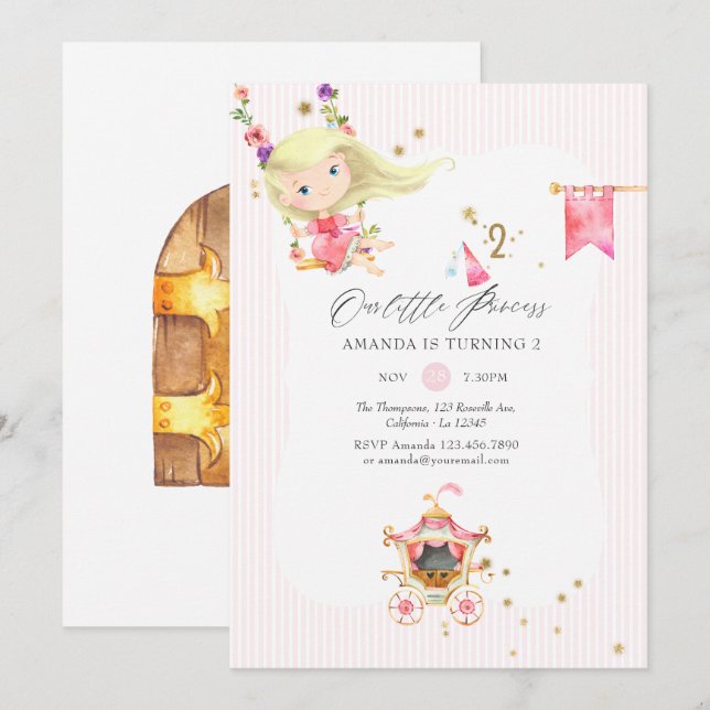 Invitation Fête d'anniversaire de 2 ans de la princesse rose  (Devant / Derrière)