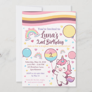 Invitation Fête d'anniversaire de 2 ans de Licorne Magique et