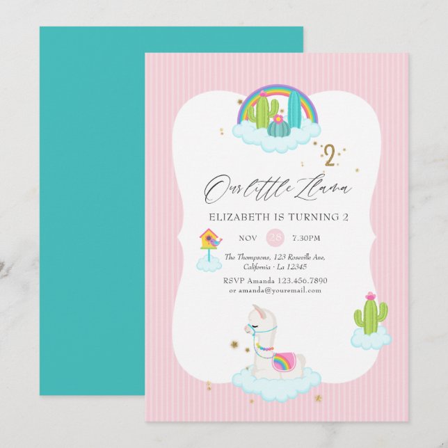 Invitation Fête d'anniversaire de 2 ans de Llama branché (Devant / Derrière)
