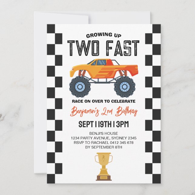 Invitation Fête d'anniversaire de 2 ans de Monster Truck (Devant)