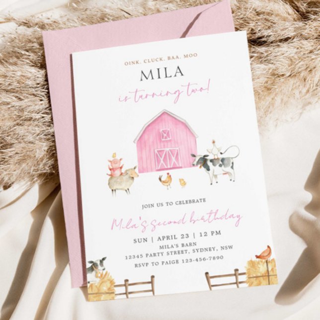 Invitation Fête d'anniversaire de 2 ans de Pink Barn, ferme p (Créateur téléchargé)