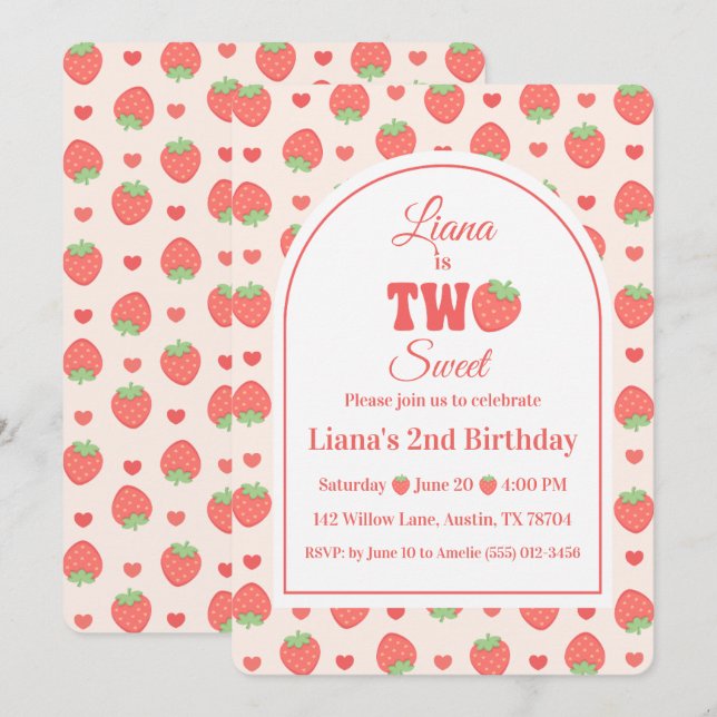 Invitation Fête d'anniversaire de 2 ans de Strawberry Berry D (Devant / Derrière)
