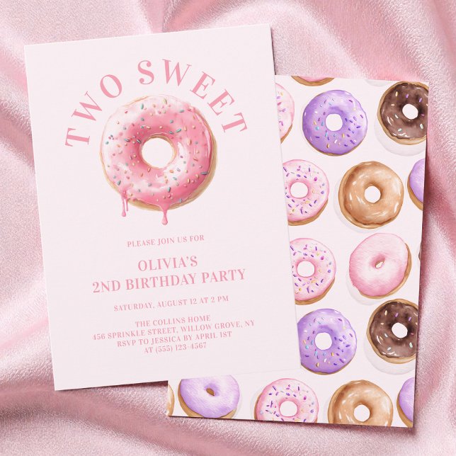 Invitation Fête d'anniversaire de 2 ans Deux Douces Filles au (Pink Donuts Girls Two Sweet 2nd Birthday Party Invitation)