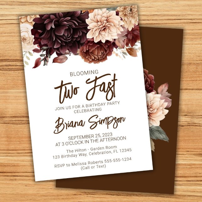 Invitation Fête d'anniversaire de 2 ans Fleurs Brun Beige Flo (Créateur téléchargé)