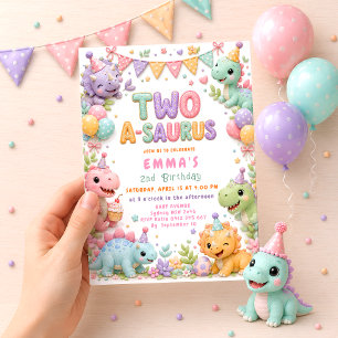 Invitation Fête d'anniversaire de 2 ans Girl Dinosaur Two-A-S