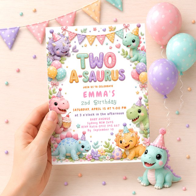 Invitation Fête d'anniversaire de 2 ans Girl Dinosaur Two-A-S (Créateur téléchargé)