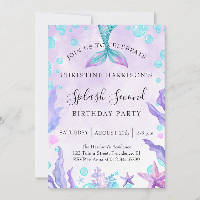Invitation Fête d'anniversaire de 2 ans Mermaid Splash  (Devant)