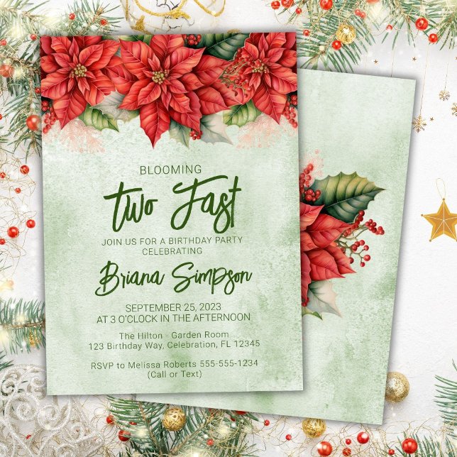 Invitation Fête d'anniversaire de 2 ans Poinsettia de Noël  (Créateur téléchargé)