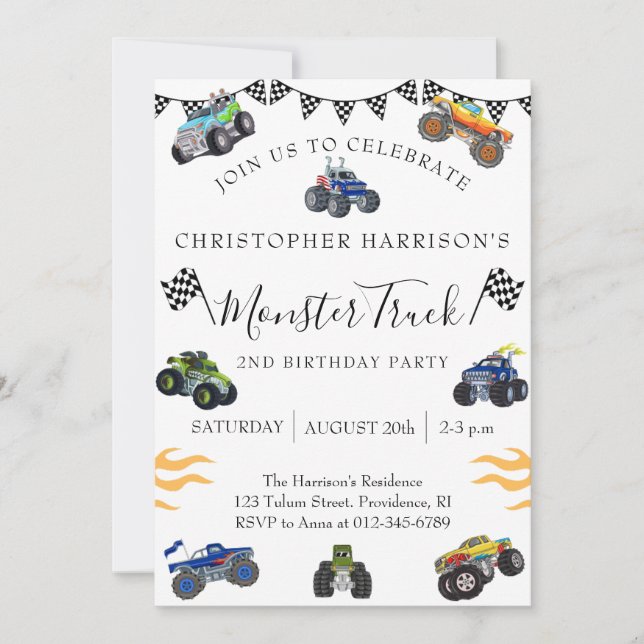 Invitation Fête d'anniversaire de 2 ans pour garçon Monster T (Devant)