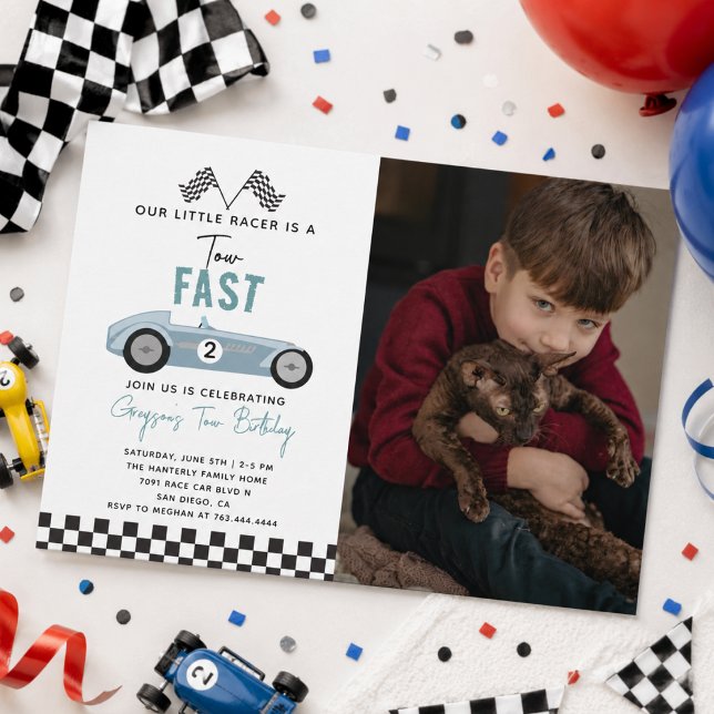 Invitation Fête d'anniversaire de 2 ans pour un garçon amateu (Two Fast Race Car Boy 2nd Birthday Party Invitation
)
