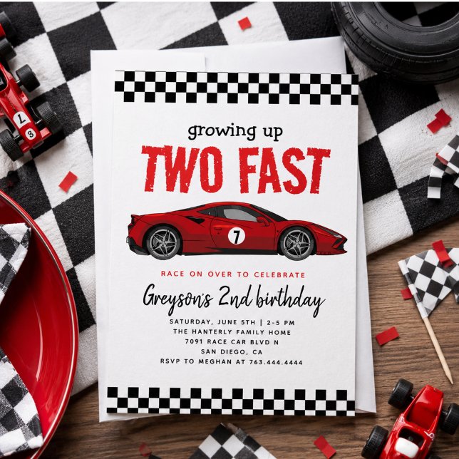 Invitation Fête d'anniversaire de 2 ans pour un garçon amateu (Two Fast Race Car Boy 2nd Birthday Party Invitation)