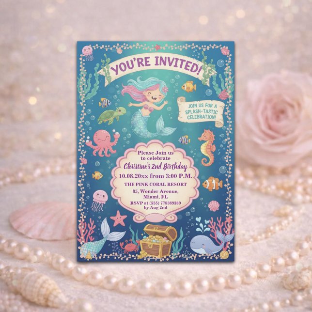 Invitation Fête d'anniversaire de 2 ans sous la mer Sirène Ro (Créateur téléchargé)