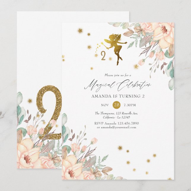 Invitation Fête d'anniversaire de 2 ans sur le thème de la fé (Devant / Derrière)