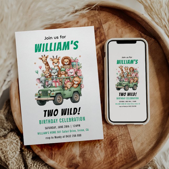 Invitation Fête d'anniversaire de 2 ans sur le thème des anim (Two Wild Safari Animal 2nd Birthday Party Invitation
)