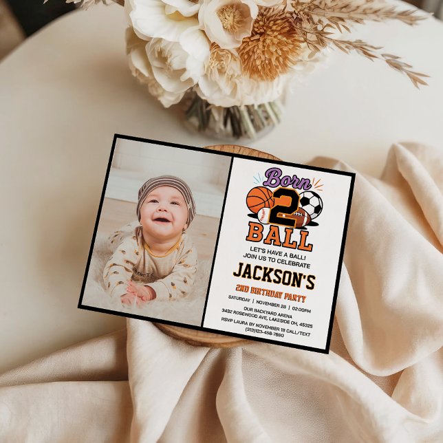 Invitation Fête d'anniversaire de 2 ans sur le thème du sport (Born 2 Ball Sport Themed Boy 2nd Birthday Party Invitation)