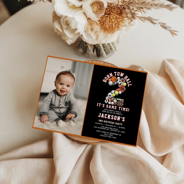 Invitation Fête d'anniversaire de 2 ans sur le thème du sport (Born 2 Ball Sport Themed Boy 2nd Birthday Party Invitation
)