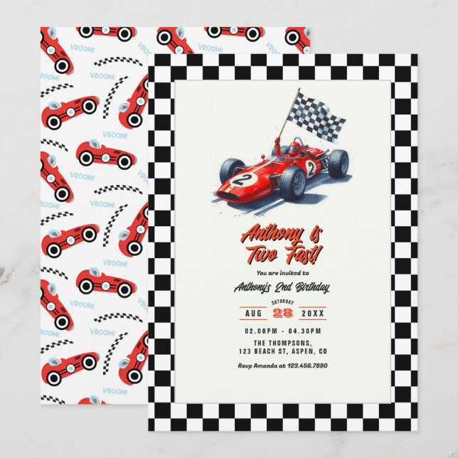 Invitation Fête d'anniversaire de 2 ans Two Fast Race Car (Devant / Derrière)