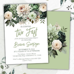 Invitation Fête d'anniversaire de 2 ans vert sauge floral