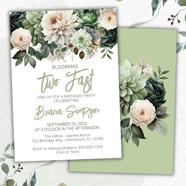 Invitation Fête d'anniversaire de 2 ans vert sauge floral (Créateur téléchargé)
