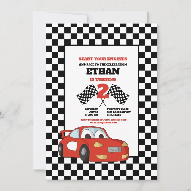 Invitation Fête d'anniversaire de 2 ans voiture de course rou (Devant)