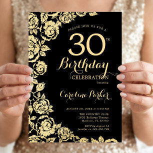Invitation Fête d'anniversaire de 30 ans aux roses noires et