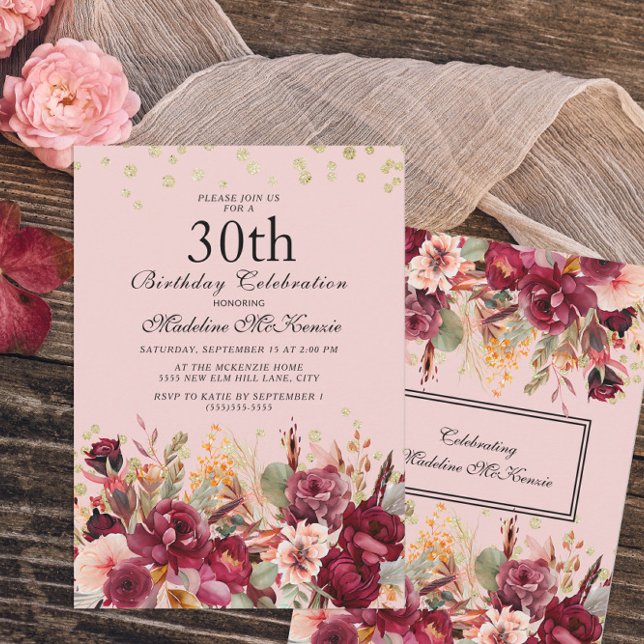 Invitation Fête d'anniversaire de 30 ans Burgundy rose paille (Créateur téléchargé)