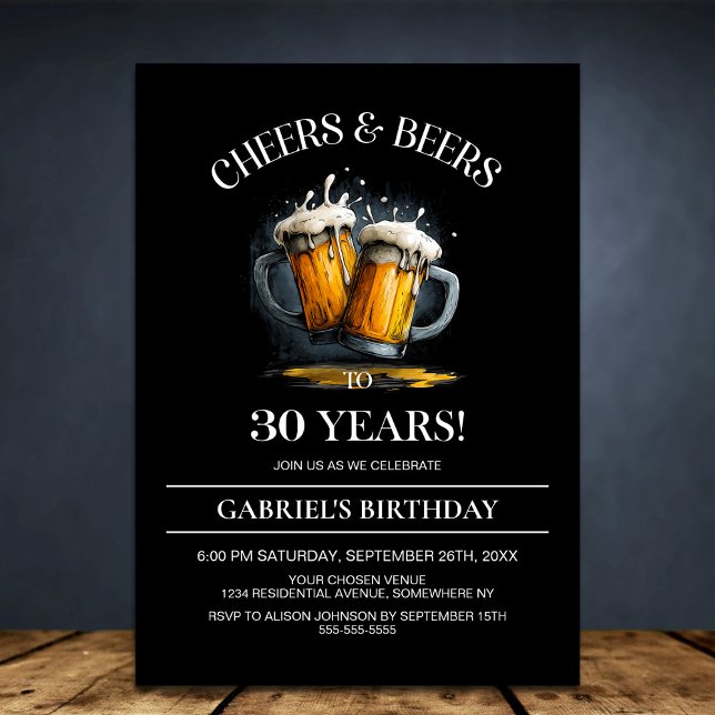 Invitation Fête d'anniversaire de 30 ans Cheers and Beers (Créateur téléchargé)