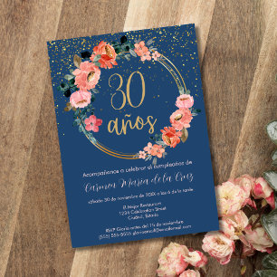 Invitation Fête d'anniversaire de 30 ans Chic Floral Or Bleu