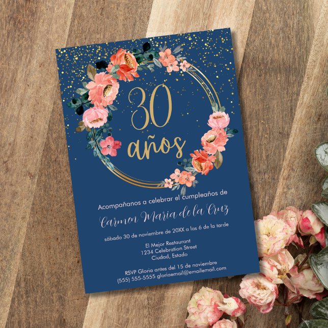 Invitation Fête d'anniversaire de 30 ans Chic Floral Or Bleu  (Créateur téléchargé)