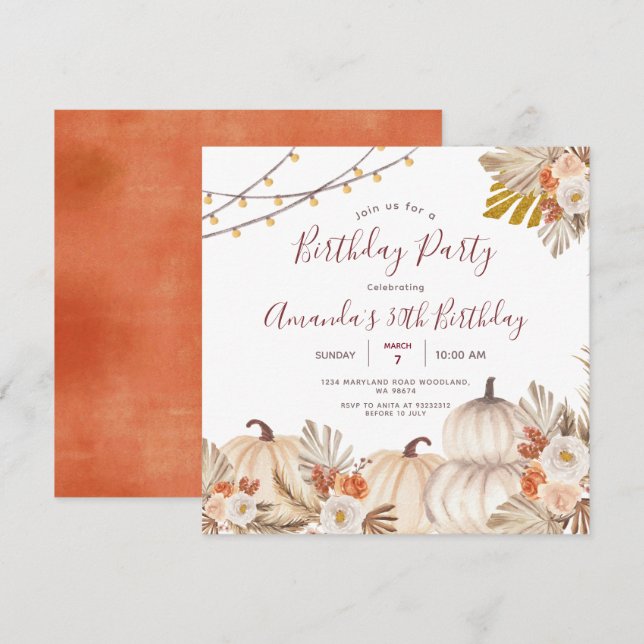 Invitation Fête d'anniversaire de 30 ans de citrouille Boho h (Devant / Derrière)