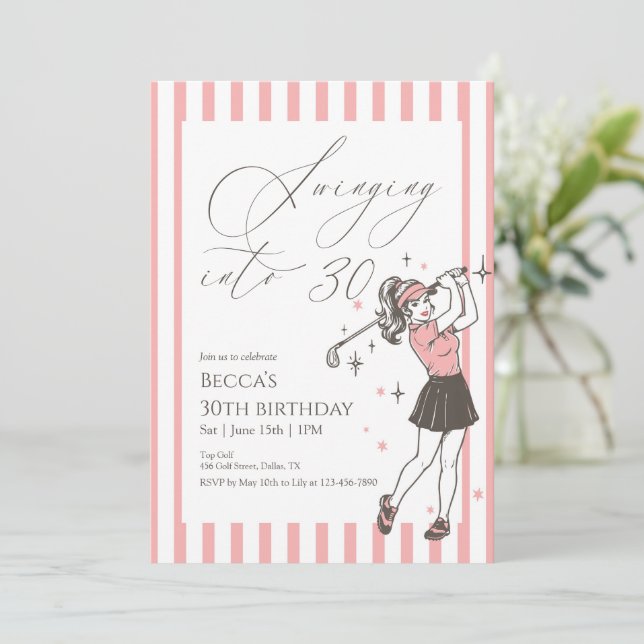 Invitation Fête d'anniversaire de 30 ans de golf rose se lanç (Debout devant)