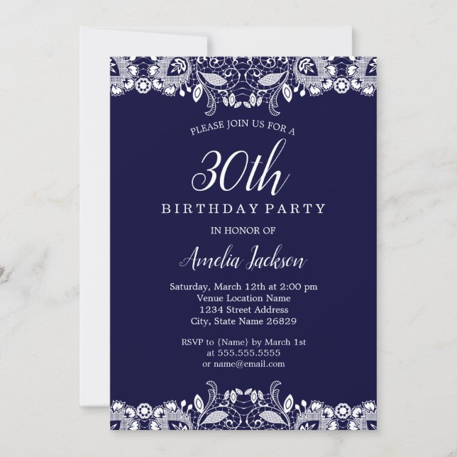 Invitation Fête d'anniversaire de 30 ans en dentelle blanche  (Devant)
