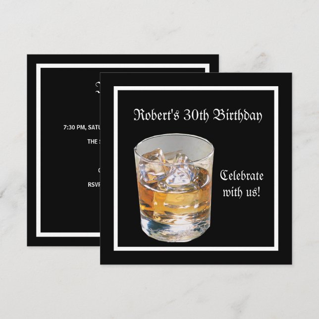 Invitation Fête d'anniversaire de 30 ans noir argent Boissons (Devant / Derrière)