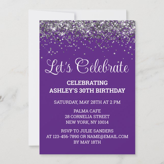 Invitation Fête d'anniversaire de 30 ans Purple White & Silve (Devant)