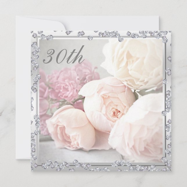 Invitation Fête d'anniversaire de 30 ans Romantic Roses & Dia (Devant)
