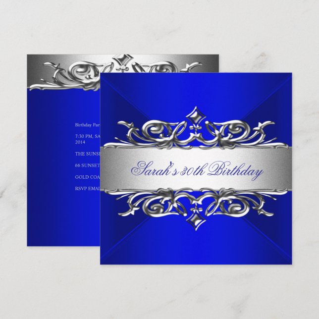 Invitation Fête d'anniversaire de 30 ans Royal Blue sur argen (Devant / Derrière)