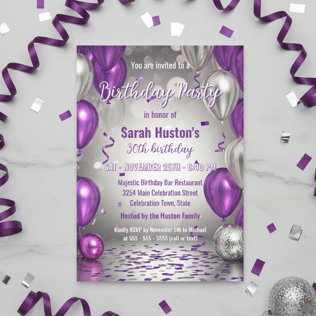 Invitation Fête d'anniversaire de 30 ans violet et argent sci (Créateur téléchargé)