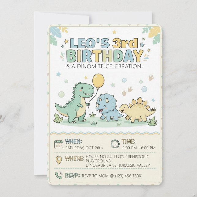 Invitation Fête d'anniversaire de 3 ans de bébé dinosaure pas (Devant)