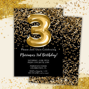 Invitation Fête d'anniversaire de 3 ans de Black Gold Kids Gi