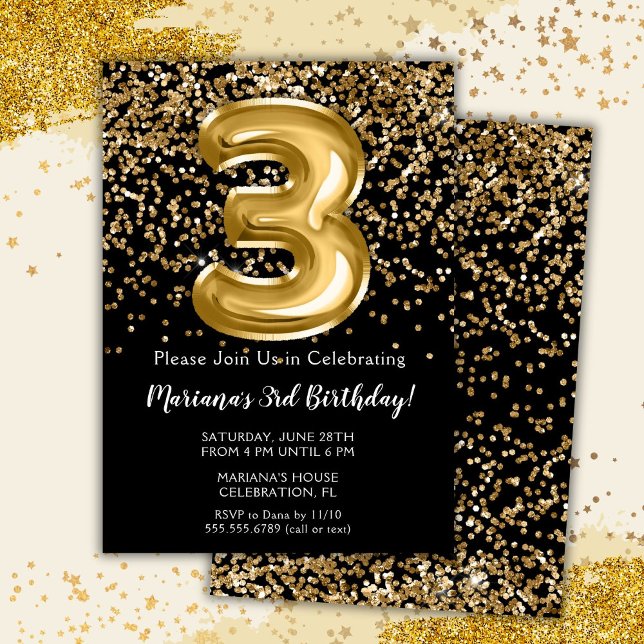 Invitation Fête d'anniversaire de 3 ans de Black Gold Kids Gi (Créateur téléchargé)