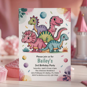 Invitation Fête d'anniversaire de 3 ans de dinosaure rose mig