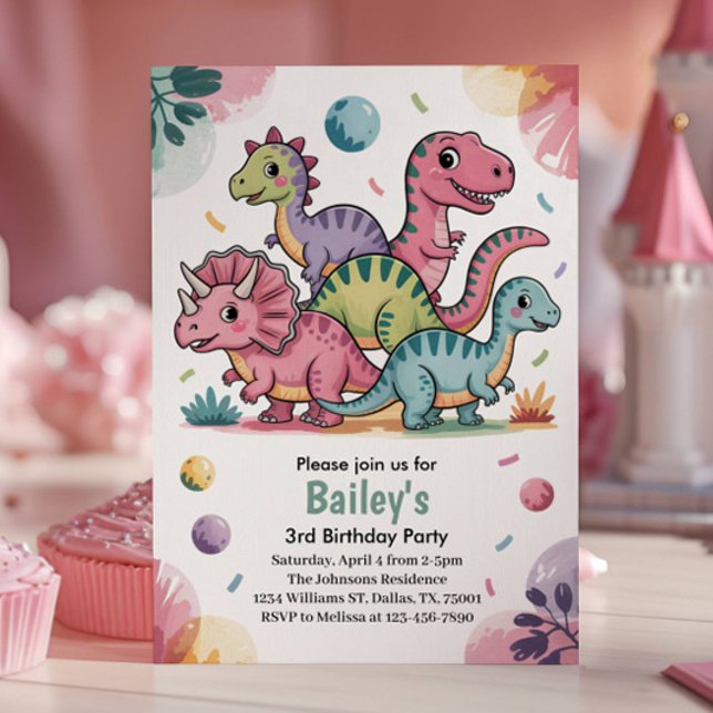 Invitation Fête d'anniversaire de 3 ans de dinosaure rose mig (Créateur téléchargé)