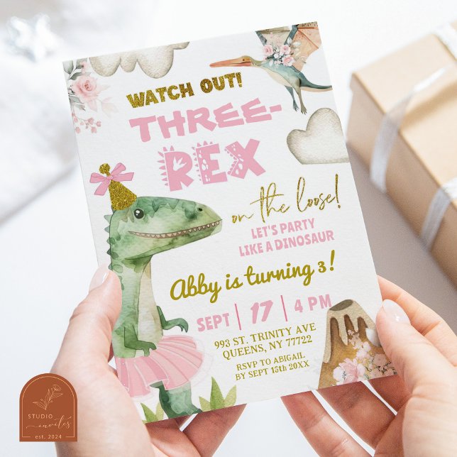 Invitation Fête d'anniversaire de 3 ans de fille avec dinosau (Créateur téléchargé)