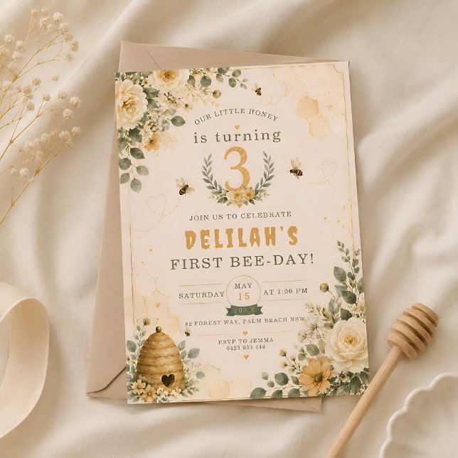 Invitation Fête d'anniversaire de 3 ans de l'abeille de miel  (Créateur téléchargé)