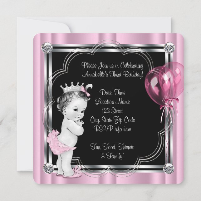 Invitation Fête d'anniversaire de 3 ans de princesse (Dos)