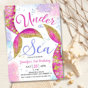 Invitation Fête d'anniversaire de 3 ans de sirène fille sous