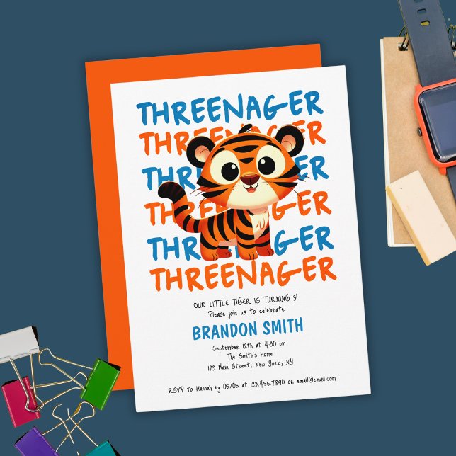 Invitation Fête d'anniversaire de 3 ans de Threenager Tiger B (Threenager Tiger Boy 3rd Birthday Party Invitation
)