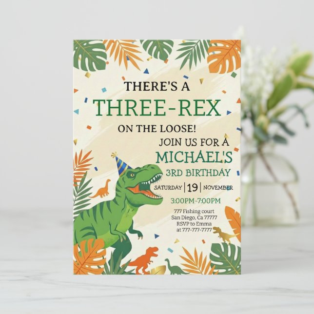Invitation Fête d'anniversaire de 3 ans du garçon dinosaure T (Debout devant)