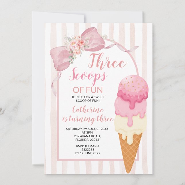 Invitation Fête d'anniversaire de 3 ans Ice Cream Trois Boule (Devant)