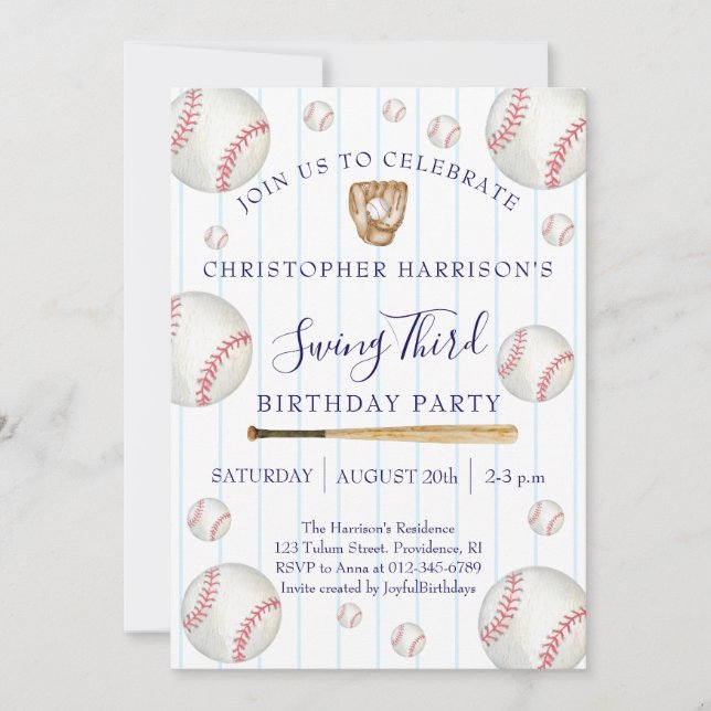 Invitation Fête d'anniversaire de 3 ans pour garçon de baseba (Devant)